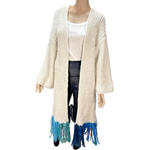 By Anthropologie Multicolor Fringe Duster Cardigan Sweater One Size Cream Blue